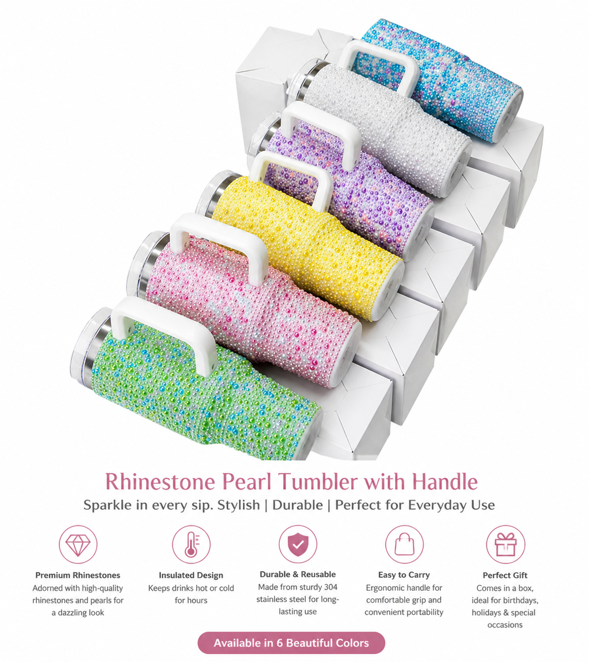 Rhinestone Pearl Insulated Tumbler with Handle – 6 Colour Options - Image 2