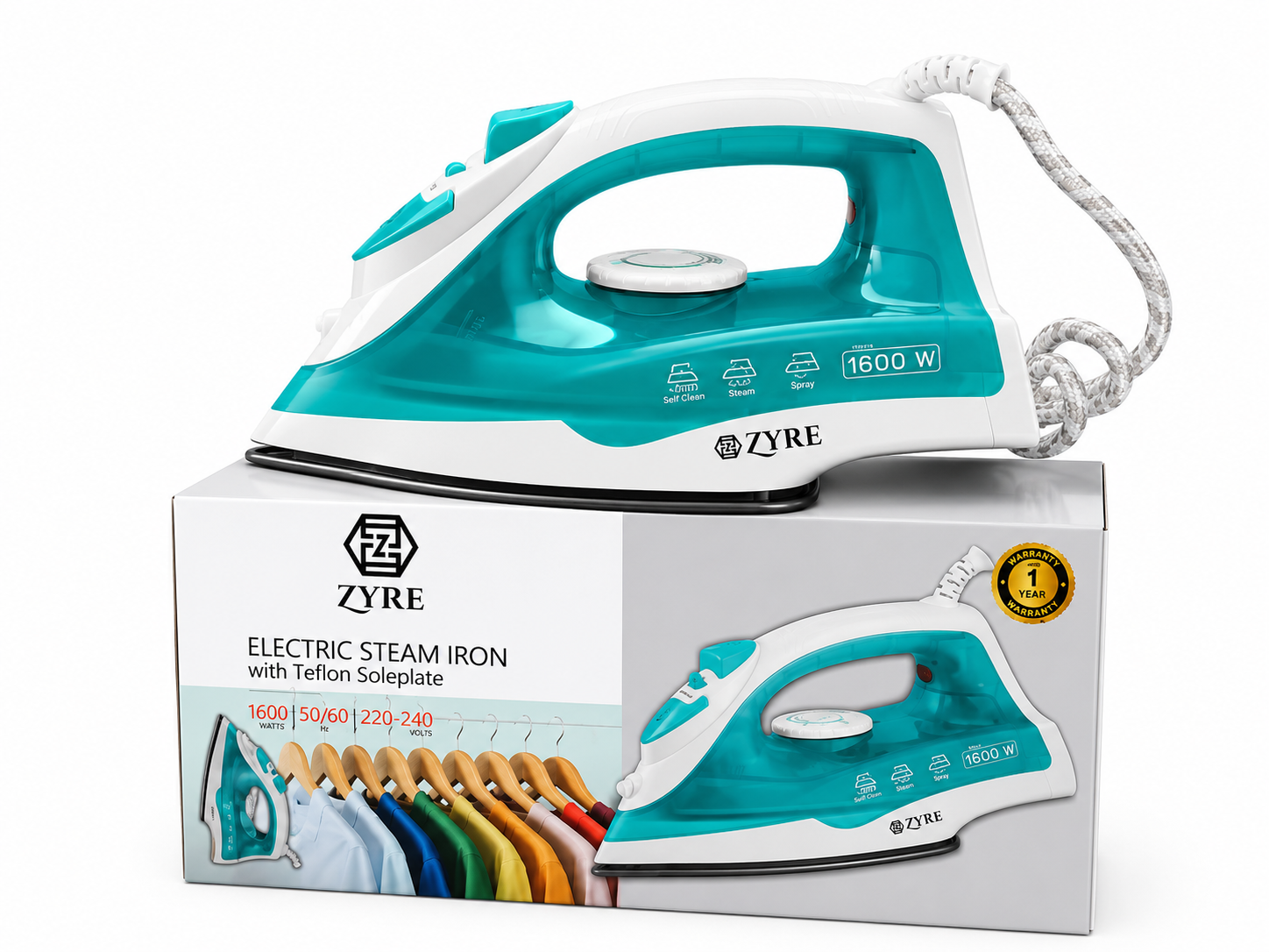 ZYRE 1600W Electric Steam Iron with Teflon Soleplate