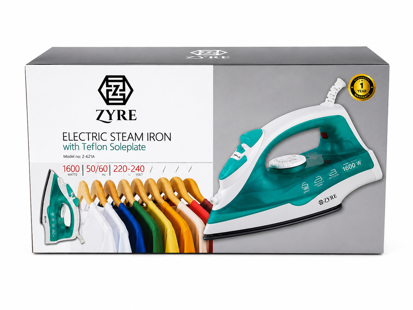 ZYRE 1600W Electric Steam Iron with Teflon Soleplate - Image 2