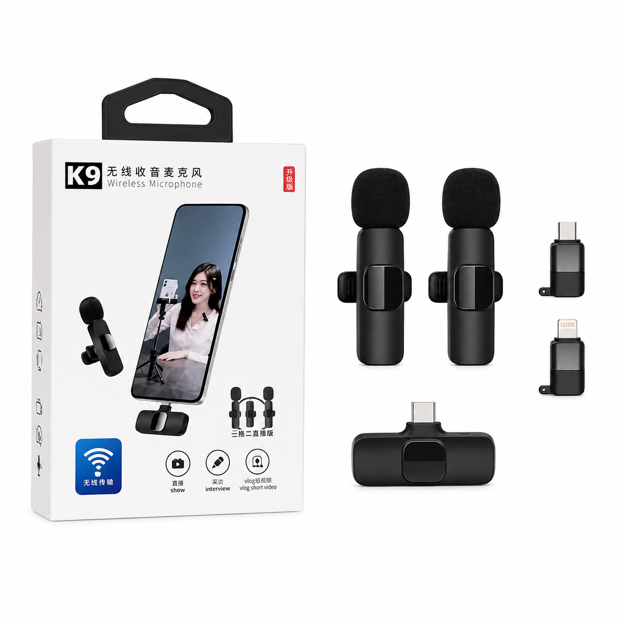 K9 Dual Wireless Lavalier Microphone Kit for Android & Type-C Devices