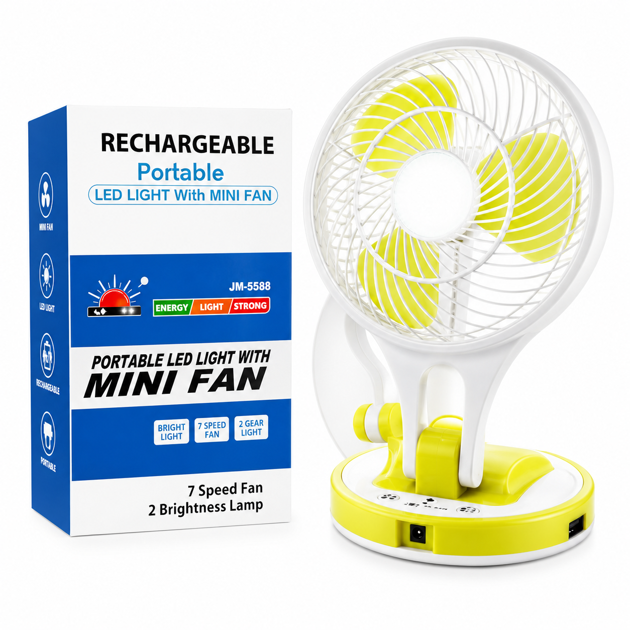 Rechargeable Portable LED Light with 7-Speed Mini Fan - Model JM-5588