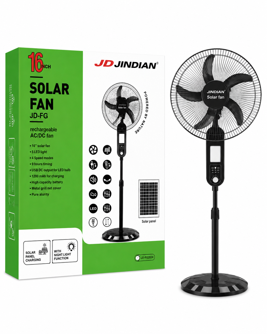 JD Jindian 16-Inch Solar Standing Fan with Rechargeable Battery & LED Light (JD-FG)