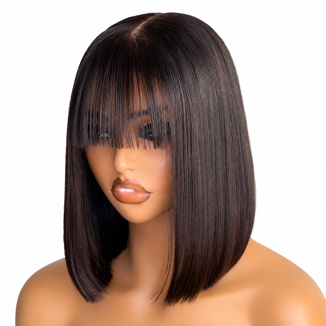 12-Inch Premium Human Hair Bob Wig with Full Fringe