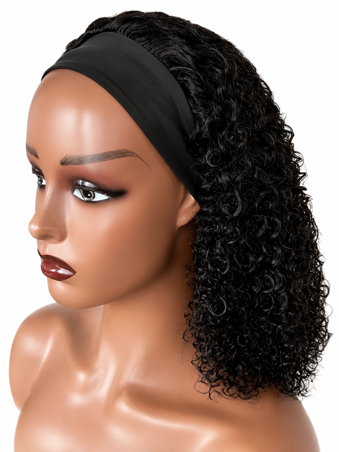 20-Inch Human Hair Curly Headband Wig – Black