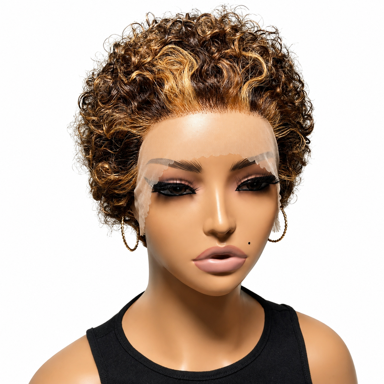Premium Human Hair Pixie Cut Wig – Brown & Honey Highlights