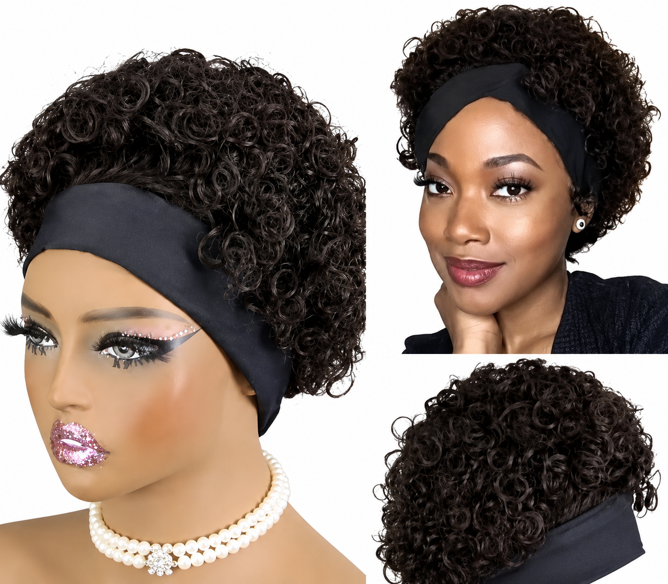 Premium Human Hair Curly Headband Wig – Black