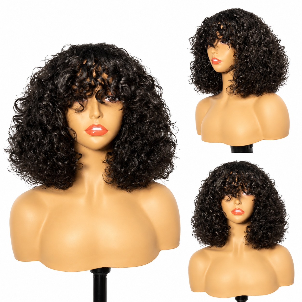 Dinsho Celebrity Fringe – 12-Inch Curly Human Hair Wig with Bangs