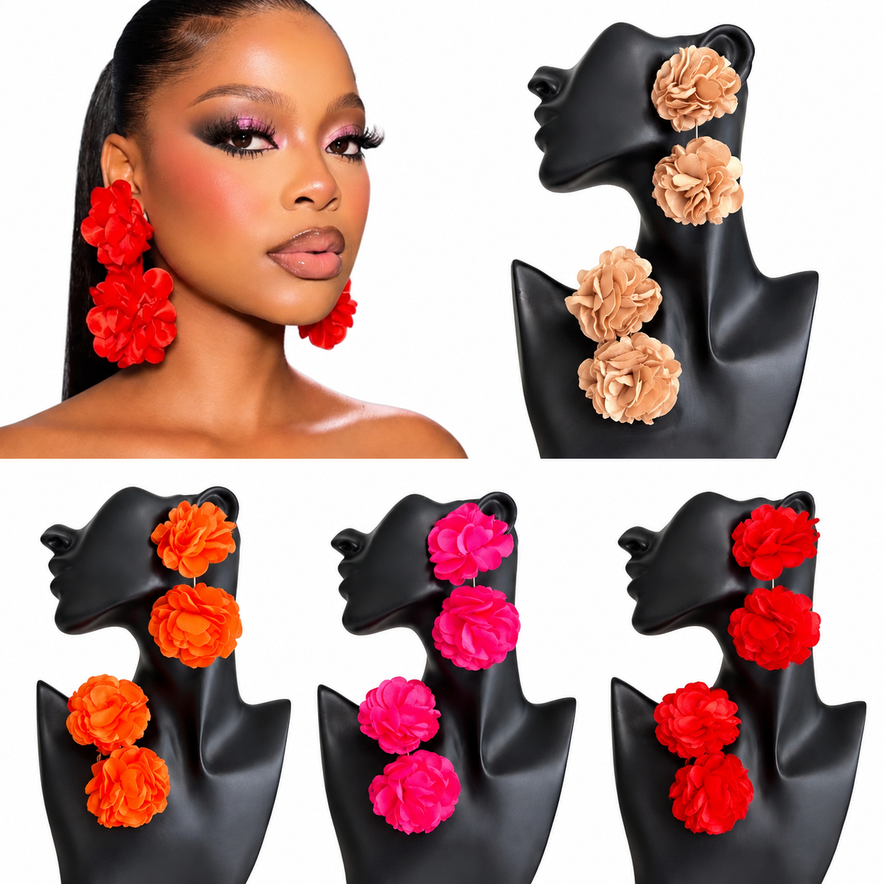 Elegant Double Rose Flower Drop Earrings