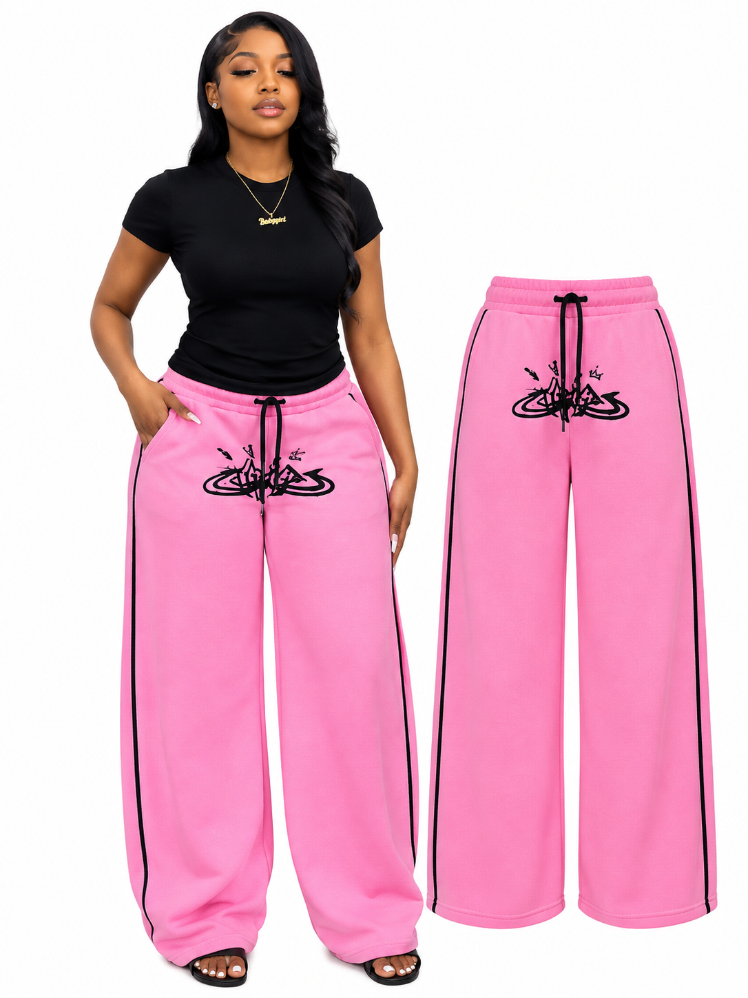 Pink Wide-Leg Palazzo Trousers with Black Print