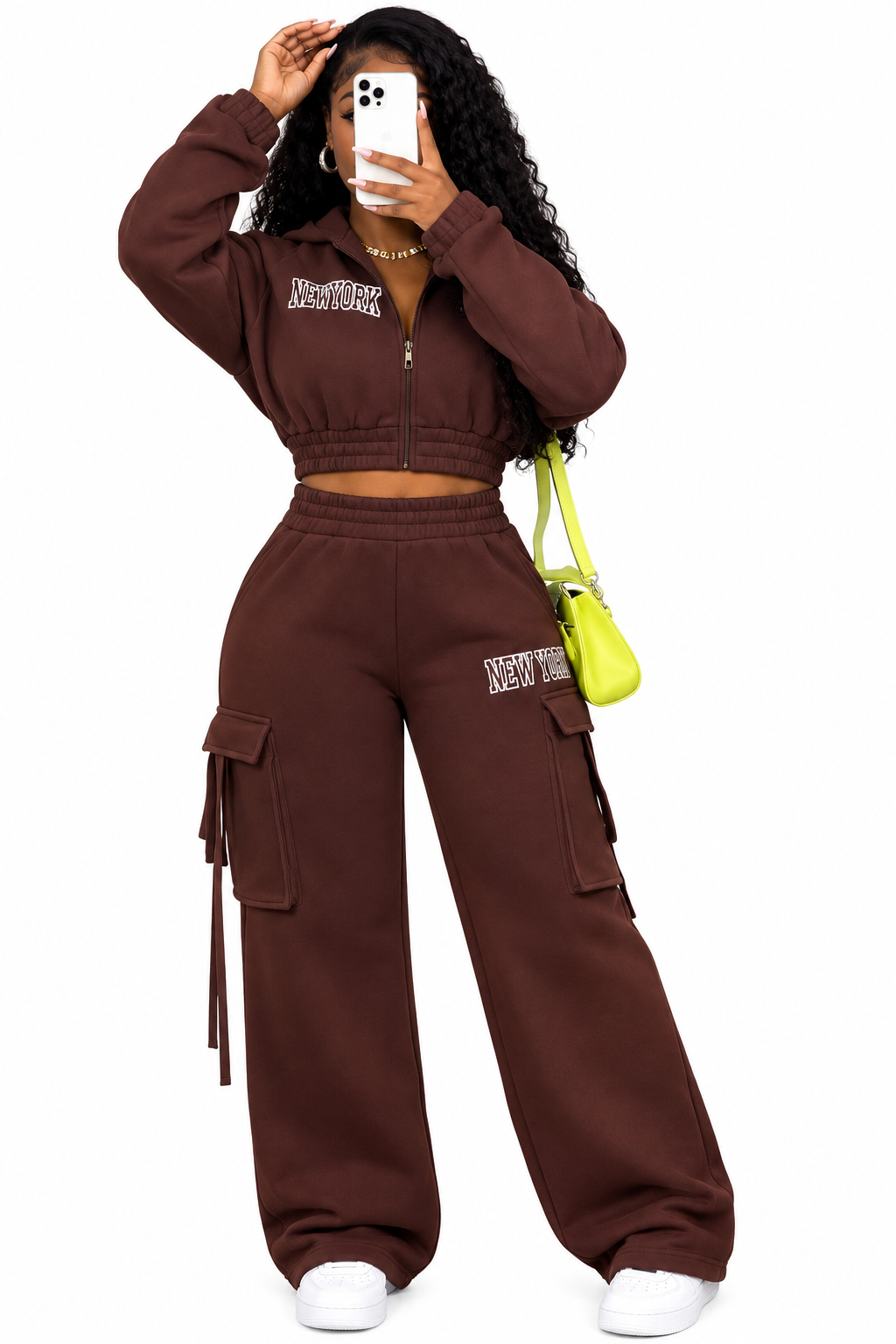 Brown New York Cropped Hoodie & Cargo Pants Two-Piece Set