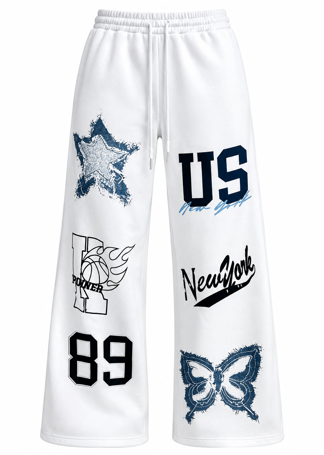 Women's White Graphic Print Wide-Leg Sweatpants