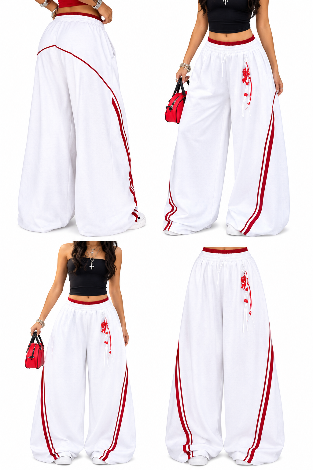 Women's White Wide-Leg Sweatpants with Red Side Stripes
