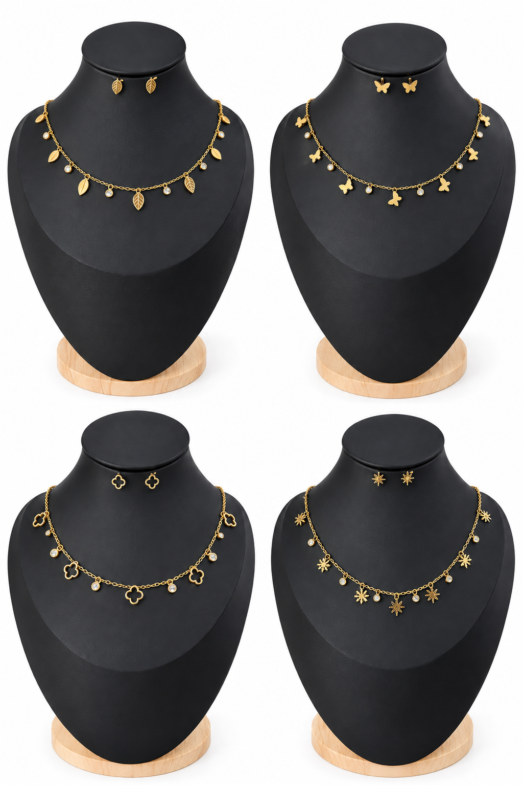 Women's Gold-Plated Charm Necklace and Stud Earring Set (4 Designs)