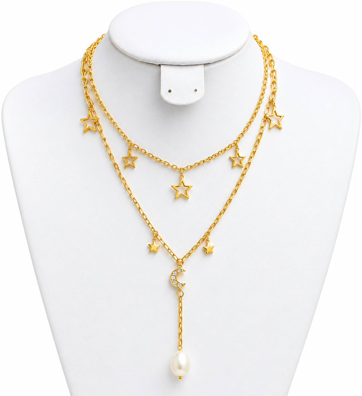 Gold-Tone Layered Star & Crescent Moon Necklace with Pearl Drop