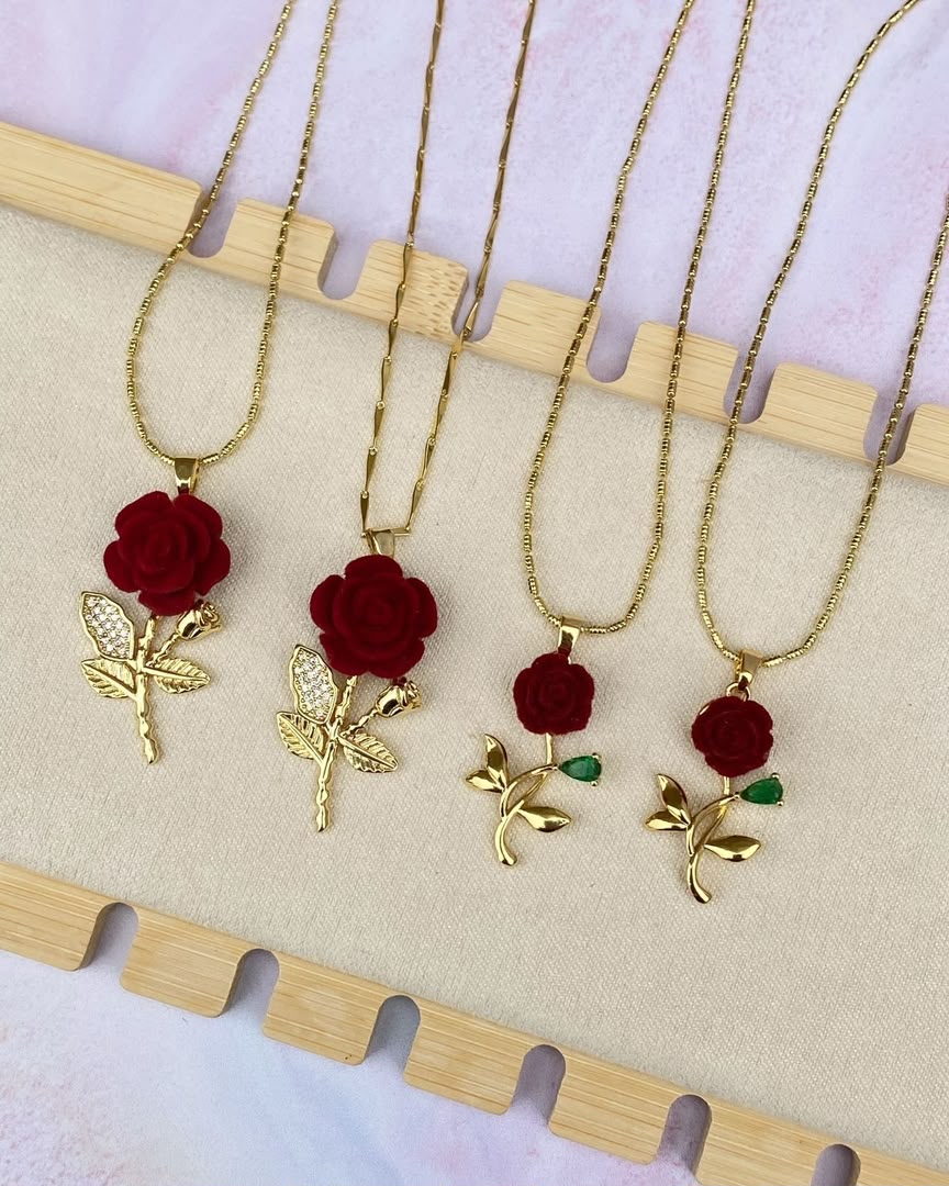 Gold-Plated Red Rose Flower Pendant Necklace Set