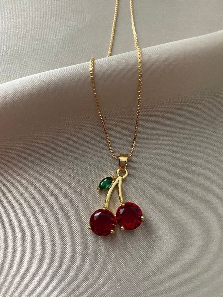 Gold-Plated Red Cherry Pendant Necklace with Green Leaf