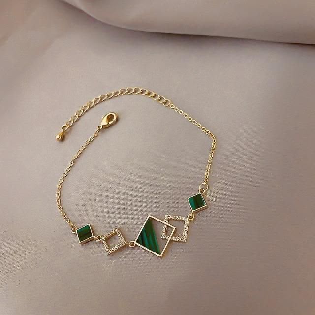 Gold-Plated Green Geometric Charm Bracelet