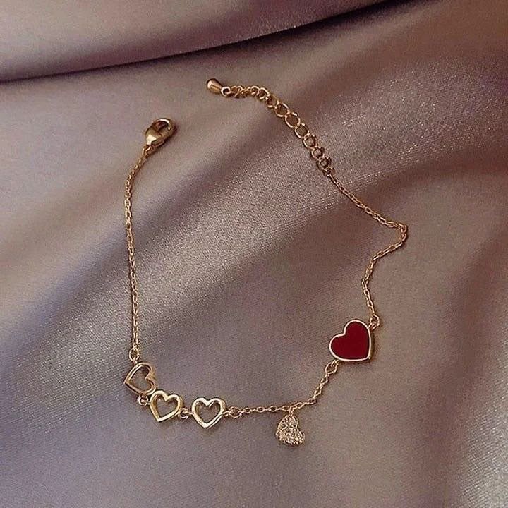 Gold-Tone Red Heart Charm Bracelet