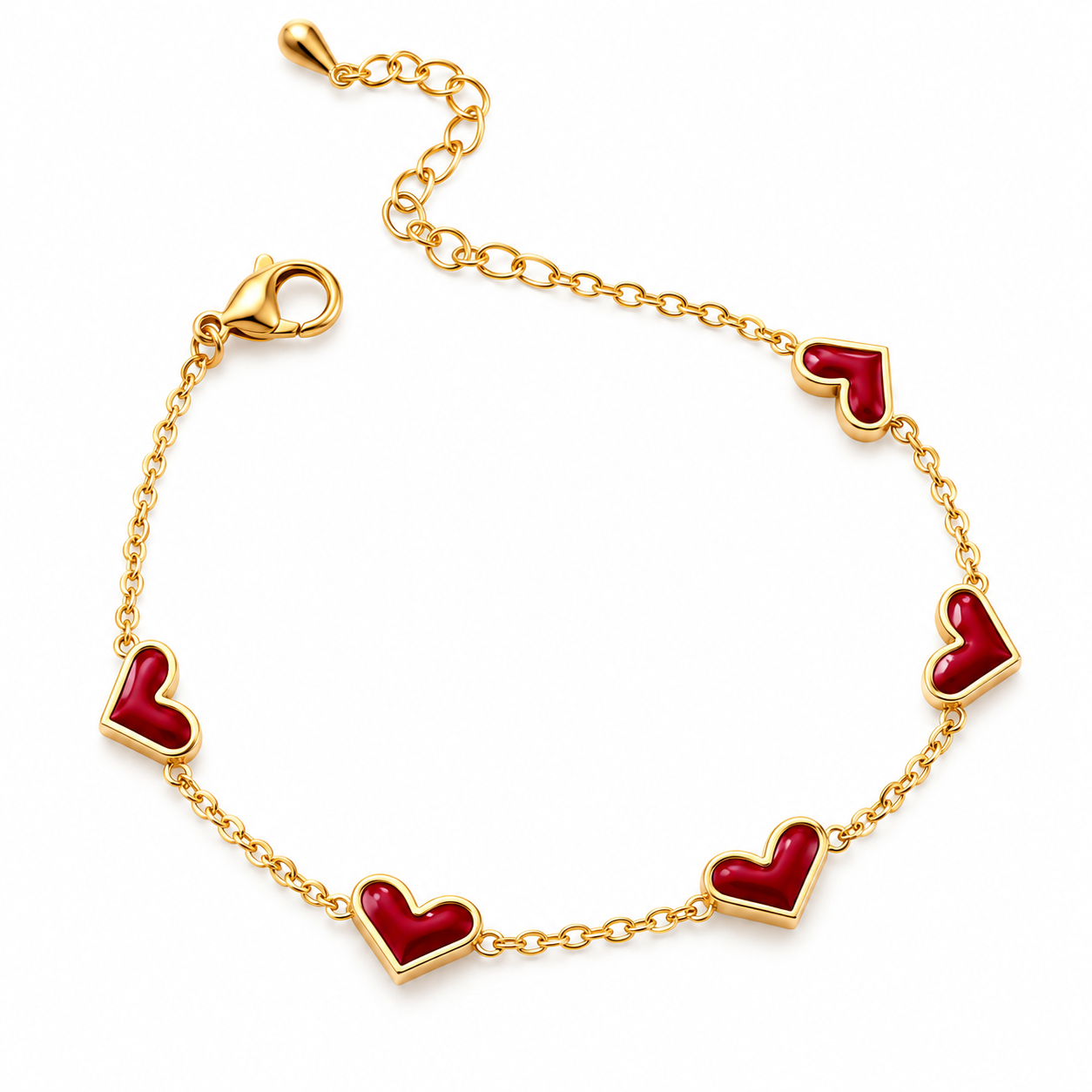 Gold-Tone Red Enamel Heart Charm Bracelet