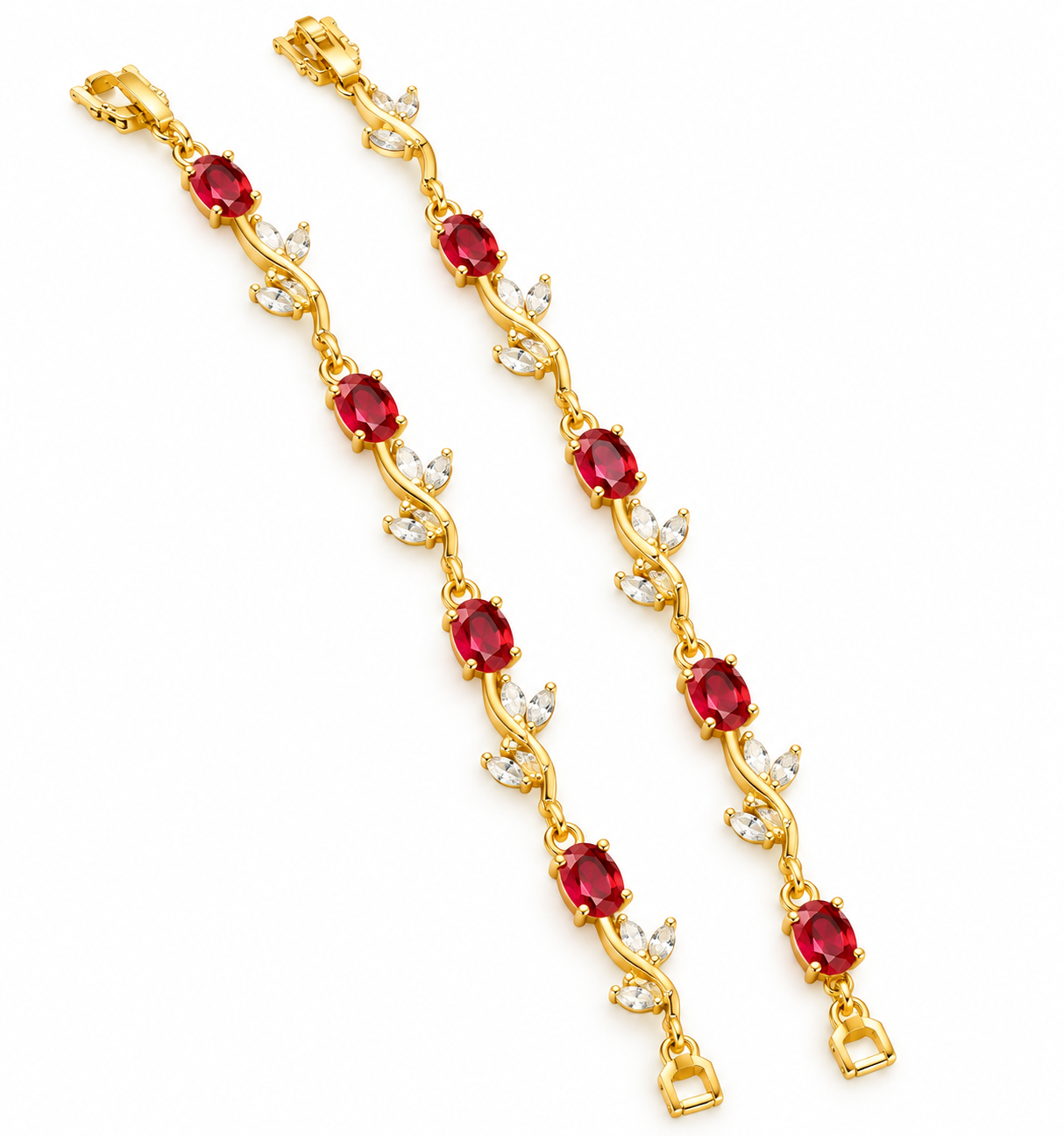 Gold-Tone Ruby Red and Crystal Leaf Design Bracelet