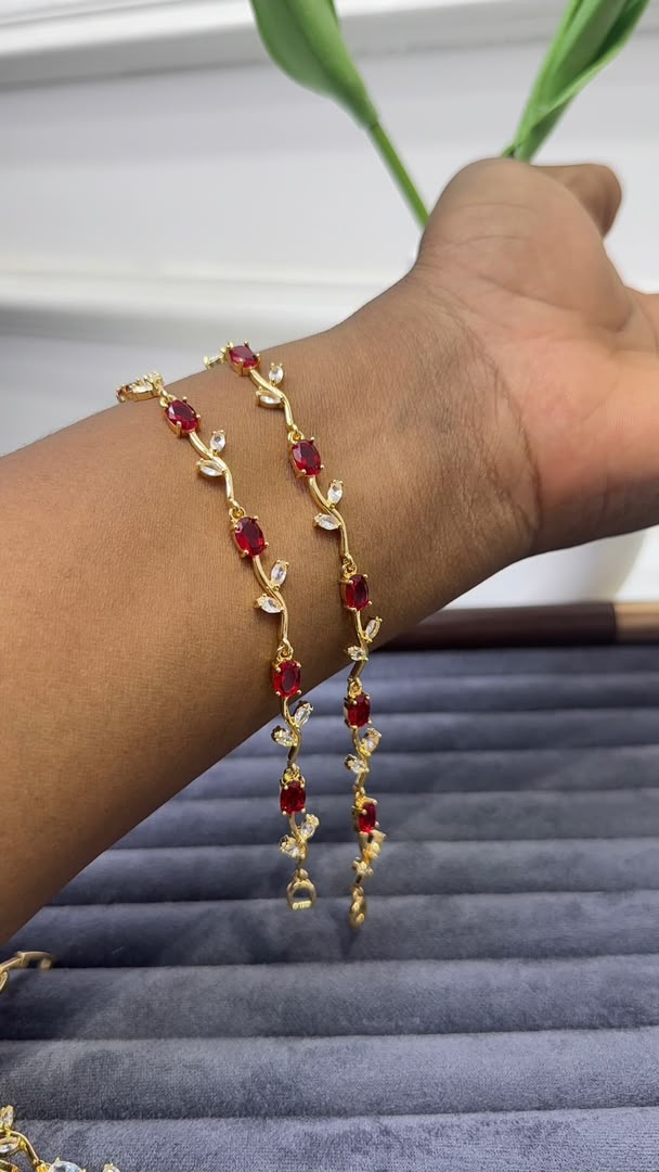Gold-Tone Ruby Red and Crystal Leaf Design Bracelet - Image 2