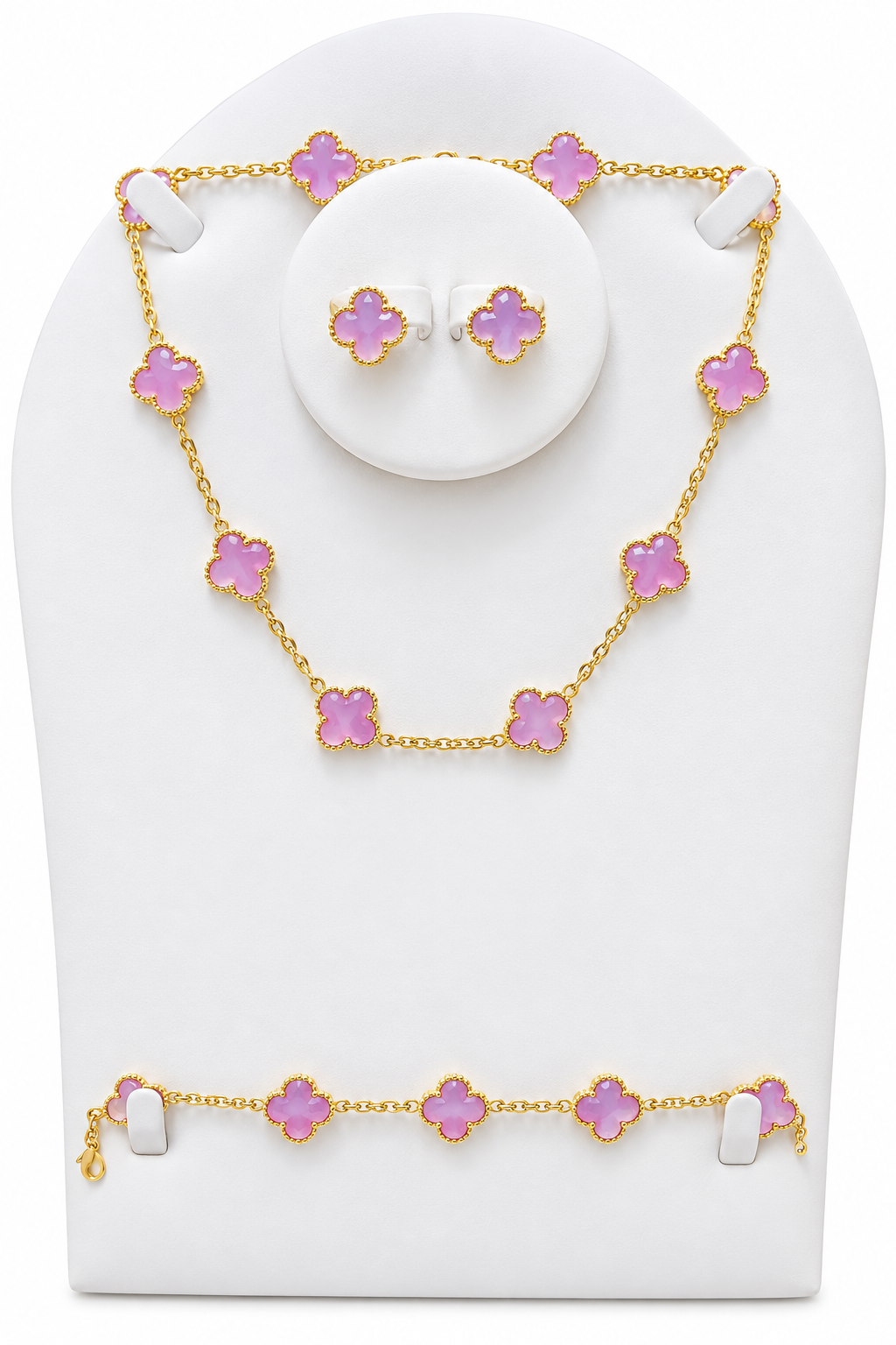 Gold-Tone Pink Clover Charm 3-Piece Jewellery Set