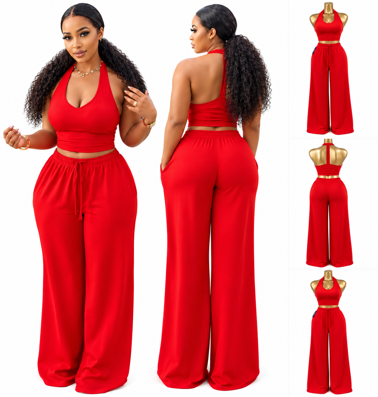 Women's Red Halter Neck Crop Top and Wide-Leg Trousers Set