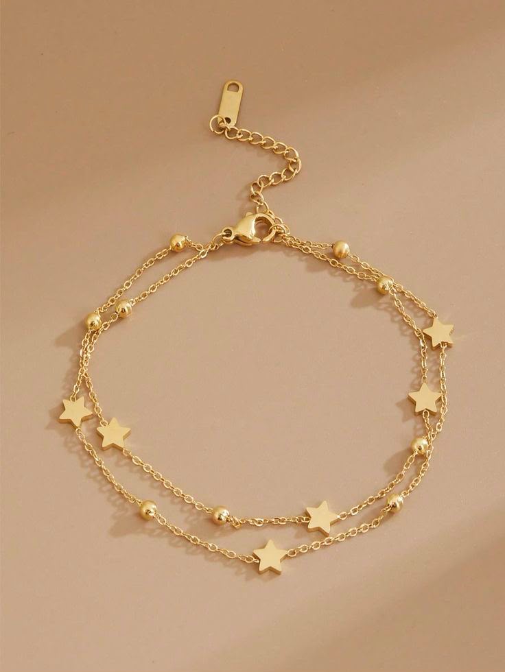 Gold-Tone Double-Layer Star Charm Anklet with Beaded Chain